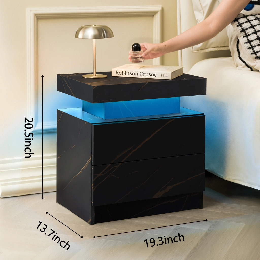 Comodino LED con 2 cassetti e vano aperto; per camera da letto e soggiorno; in legno ingegnerizzato; nero e oro; 59 × 45 × 20 cm