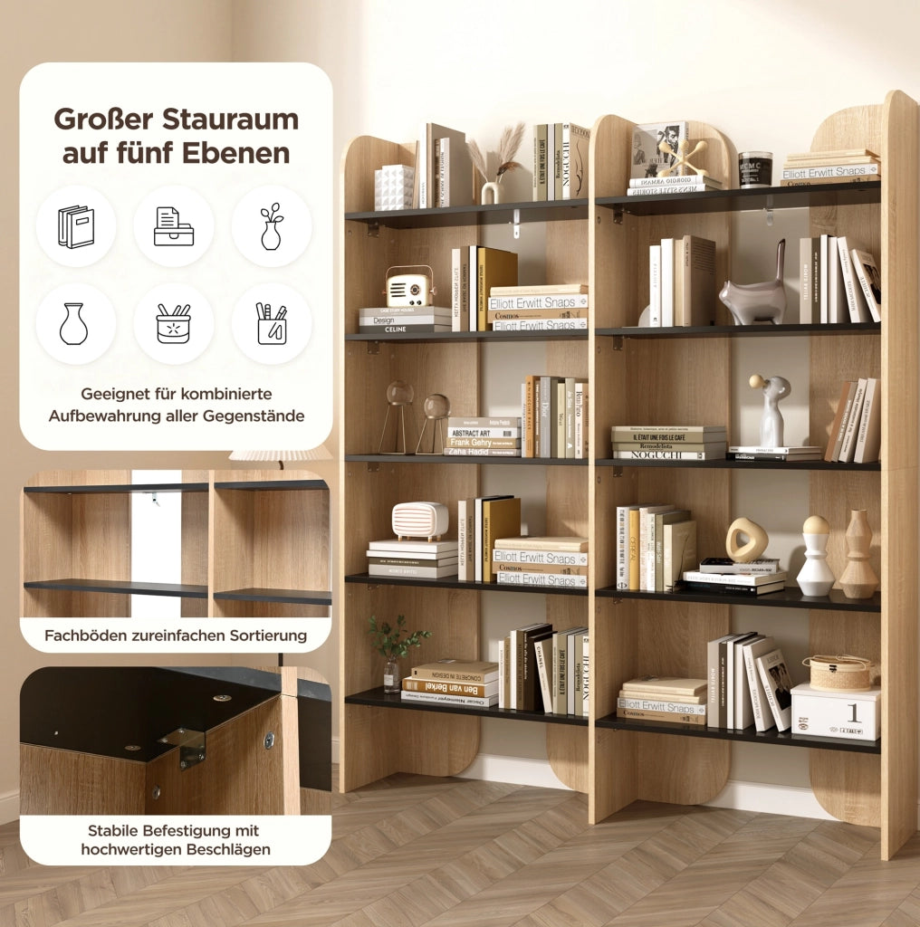 Libreria aperta 5 ripiani 135x25x160 cm naturale e nera