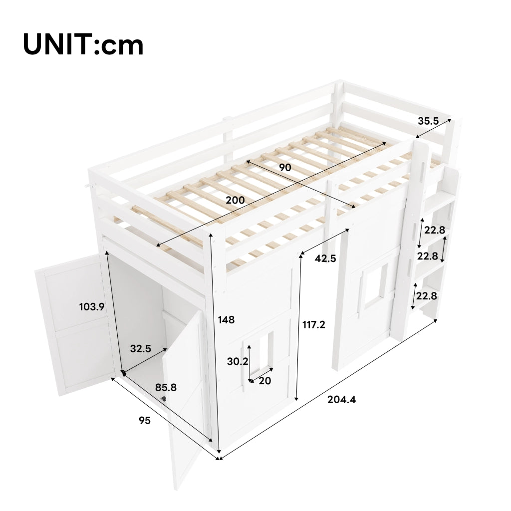 Letto a Soppalco con Armadio Integrato e LED ¨C MINIMAL ¨C Legno Bianco 90x200
