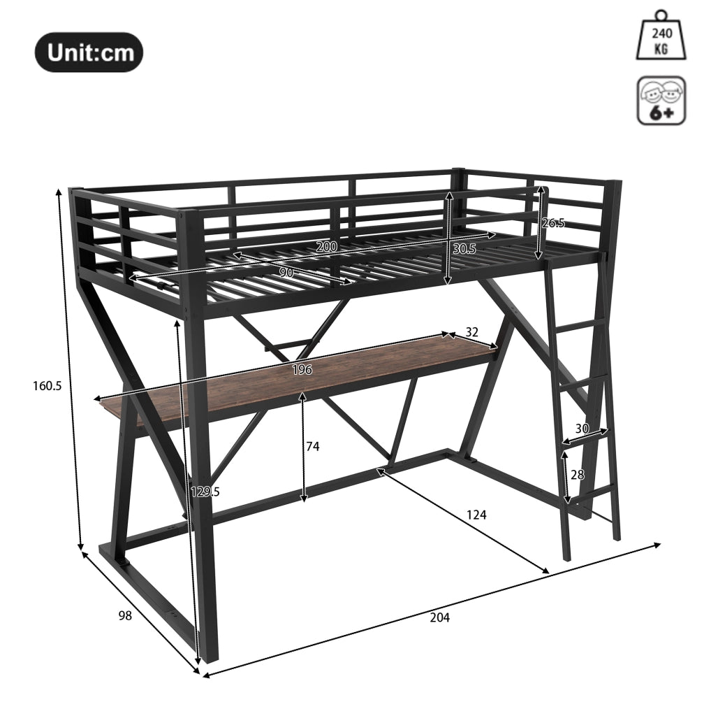 Letto a soppalco per bambini 90x200 cm in metallo e MDF; nero; con LED; scrivania e scala
