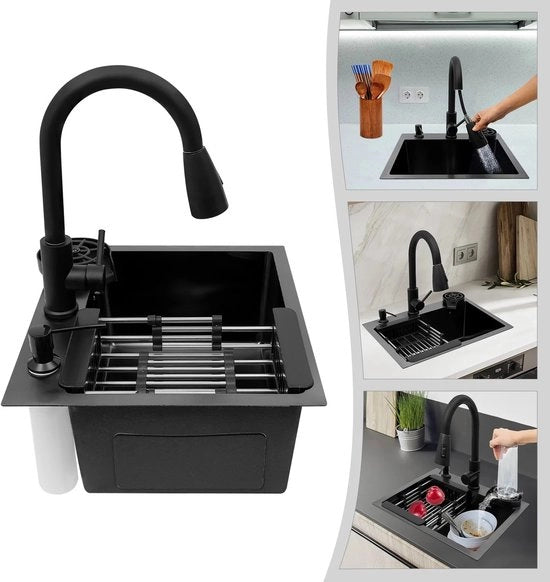 Zwarte RVS spoelbak rettangolare per cucina da 45*40cm con rubinetto retrattile per cucine e ristoranti