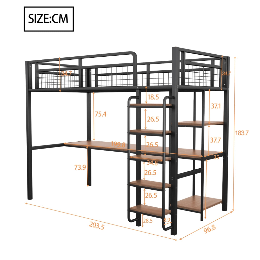LETTO A CASTELLO IN METALLO 90x200 cm Nero con scala, tavolo e ripiani