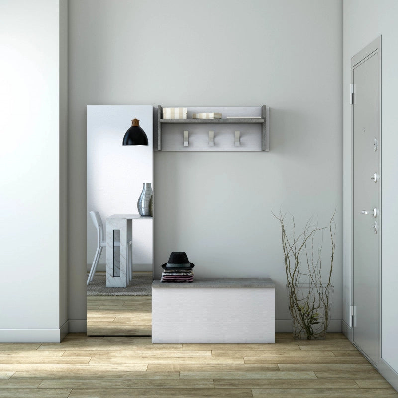 Pannello appendiabiti a parete con ripiano e 3 ganci bianco e cemento 90x29x34 cm - Terraneo
