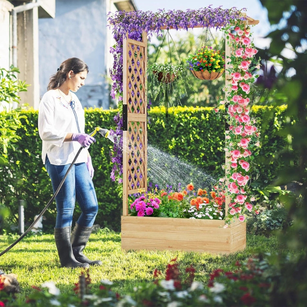 Fioriera rialzata da giardino con grigliato Fori di drenaggio, Aiuola verticale per piante rampicanti vite fiore Naturale 110 x 44 x 182 cm