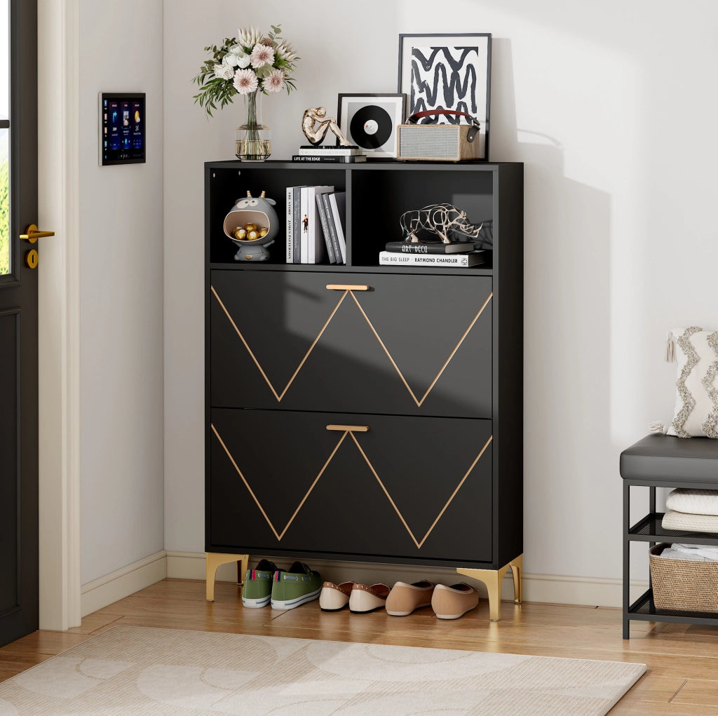 Mobile scarpiera da ingresso 80 x 25 x 117 cm in MDF nero con 2 ante ribaltabili e 2 ripiani aperti