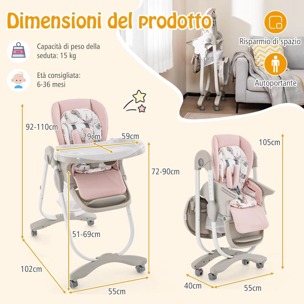 Seggiolone Pappa Bambini Pieghevole, Altezza Regolabile (Rosa) | Seggiolone Multifunzione con 4 Ruote, Poggiapiedi e Schienale, Vassoio Rimovibile, per 6-36 Mesi, Fino a 15 kg