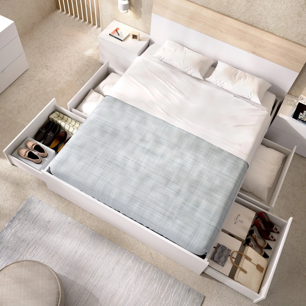 Letto matrimoniale Angus, Sommier giroletto, Struttura letto contenitore con 4 cassetti, 197x160h37 cm, Bianco