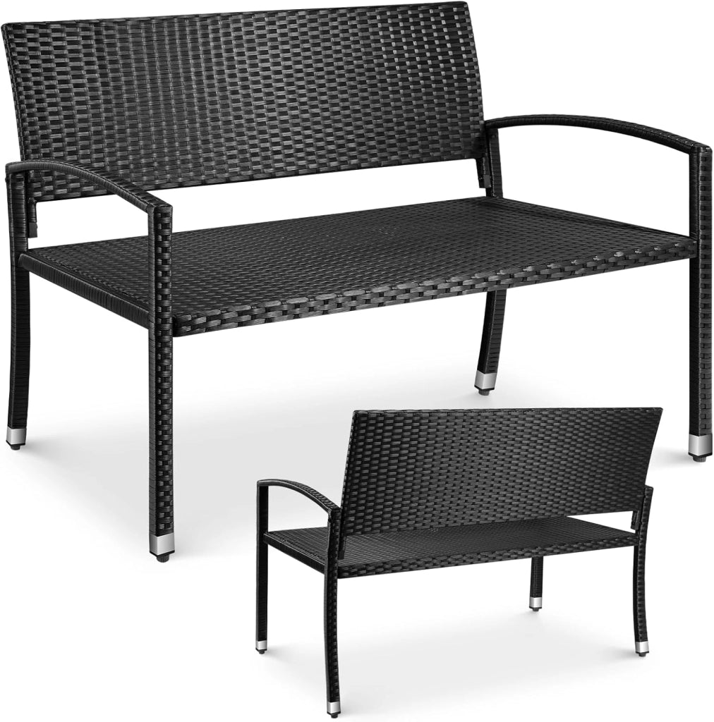 Panca da Giardino in Rattan, Panca da Balcone a 2 Posti, Resistente Alle Intemperie, Bifacciale in Rattan, Sedia da Giardino per Esterno, Terrazze e Balcone, 122x62x90 cm, Nero