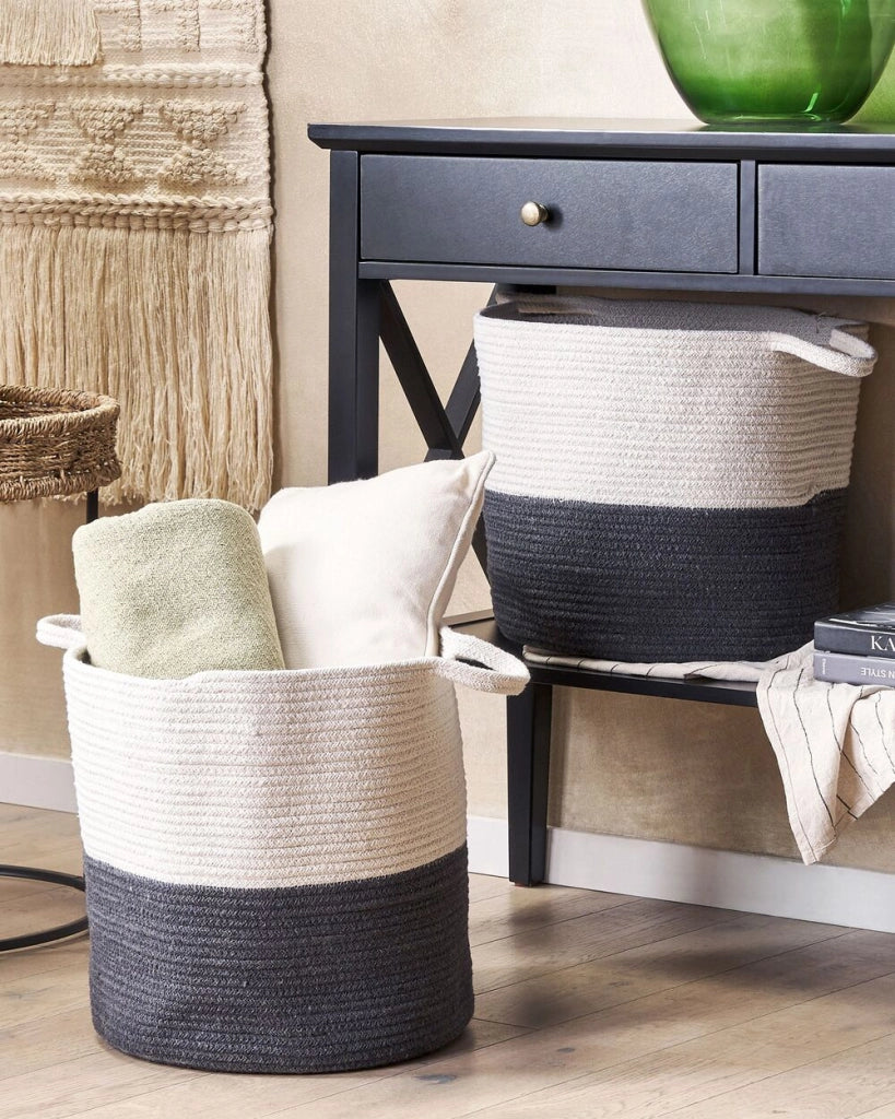 Set di 2 cestini in tessuto cotone bianco nero 35/33 cm per la conservazione ornamento decorazione boho