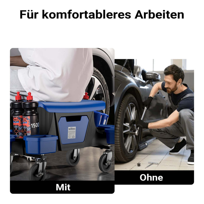 Sgabello da officina con ruote e cassetto per attrezzi, portata 150 kg, 6 scomparti intercambiabili, sgabello da lavoro con ruote