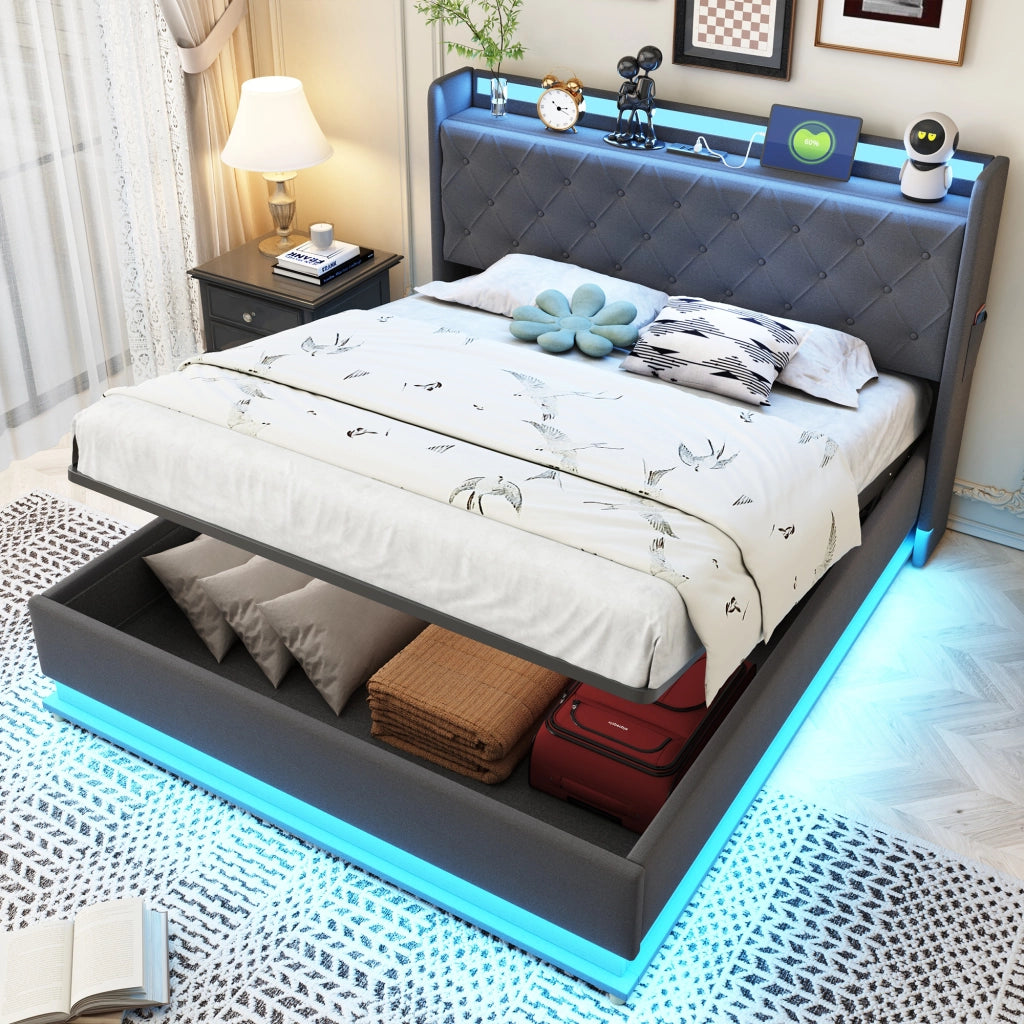 Letto Matrimoniale 140x200 cm; Contenitore; USB e LED; Struttura Letto in Metallo; Grigio