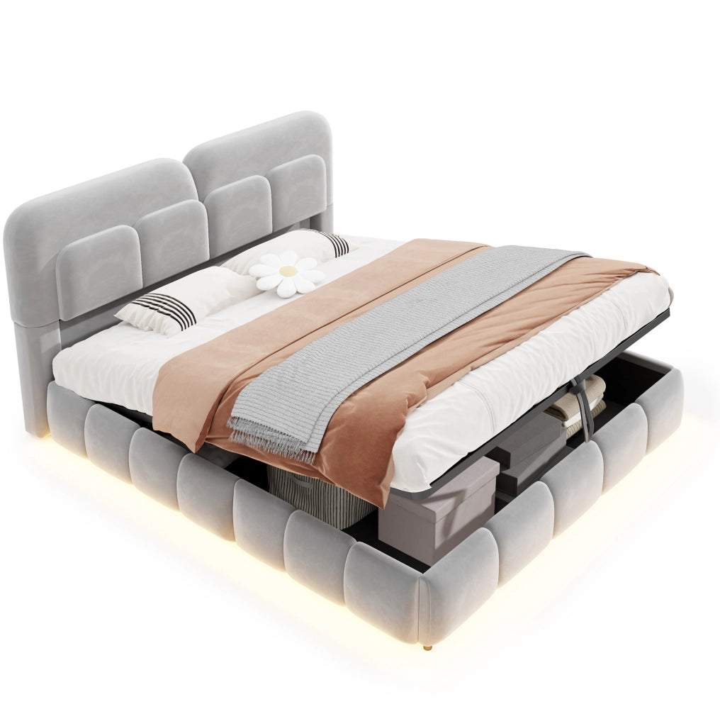 Letto matrimoniale imbottito 140 x 200 cm con contenitore idraulico; LED e velluto grigio