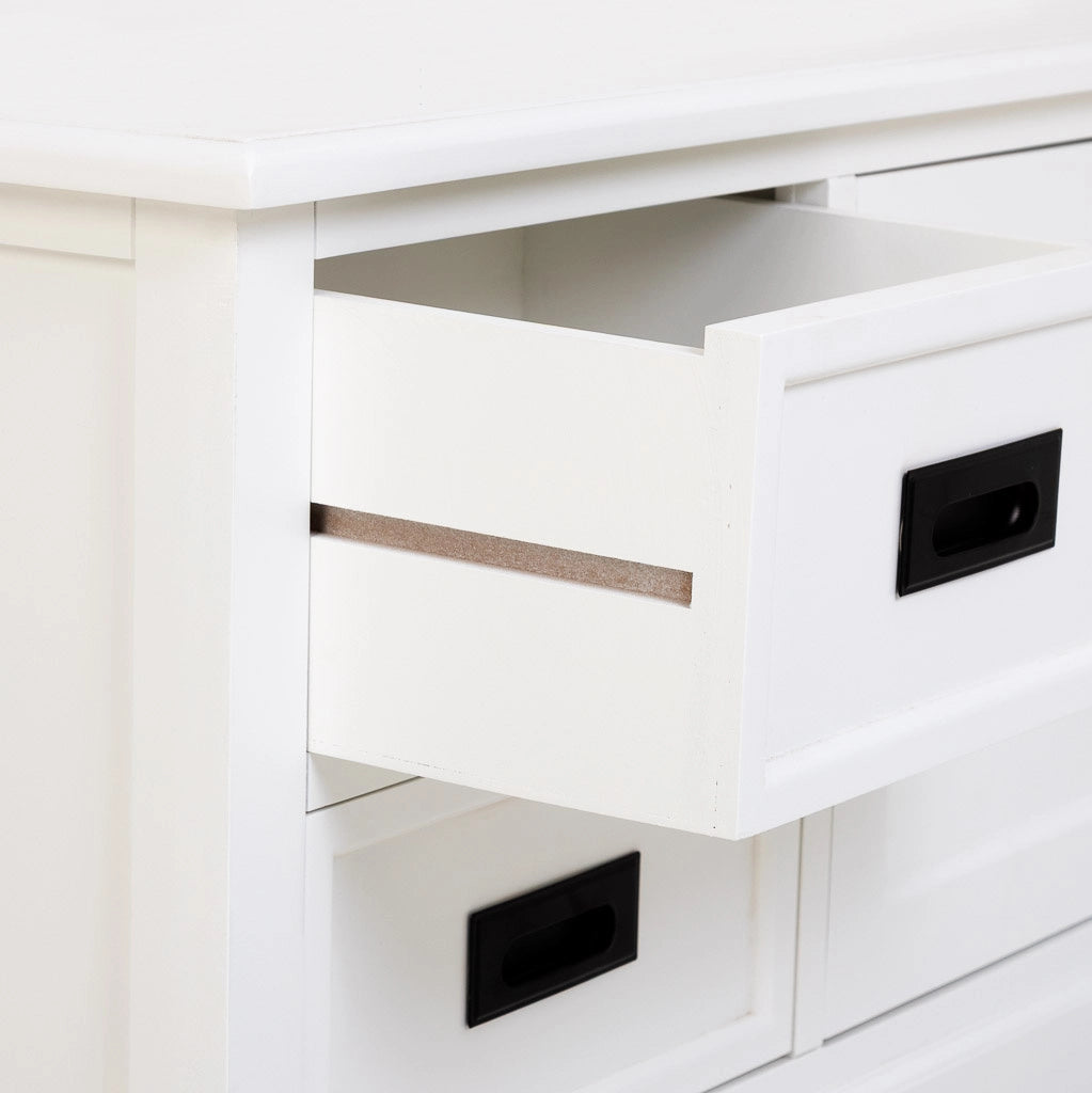 Mobiletto basso in legno bianco con 2 ante 4 cassetti 154x45x51,5h cm