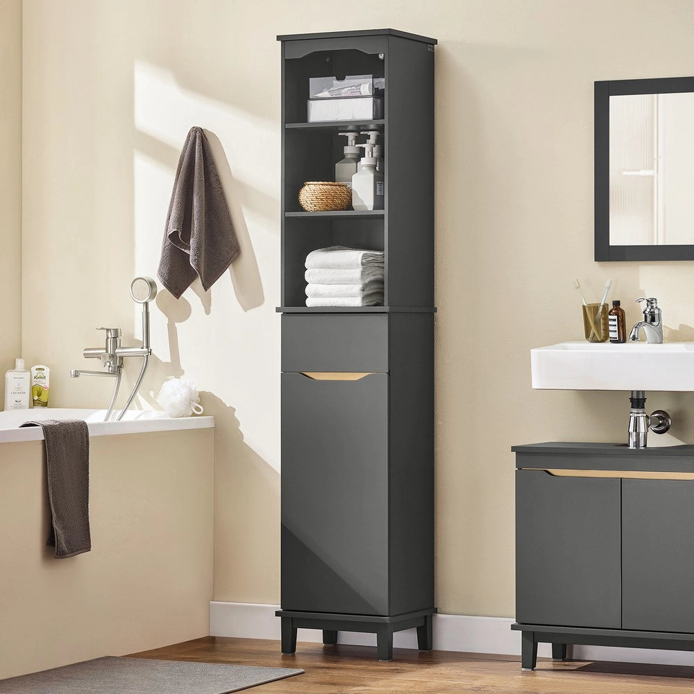 SoBuy Mobile Bagno Salvaspazio Colonna Alta con 3 Ripiani Aperti e Anta con Cassetto Mobiletto Bagno Stretto per Piccoli Spazi Armadietto Salvaspazio per Lavanderia e WC 35 x 30 x 170 cm BZR112-DG