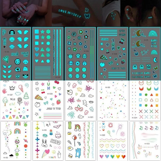 Tatuaggi Neon a 15 Fili - Tatuaggi Fittizi/Temporanei - Tatuaggi Adesivi per Adulti - Brillano al Buio - Tatuaggi con Glitter - Disegni Unici