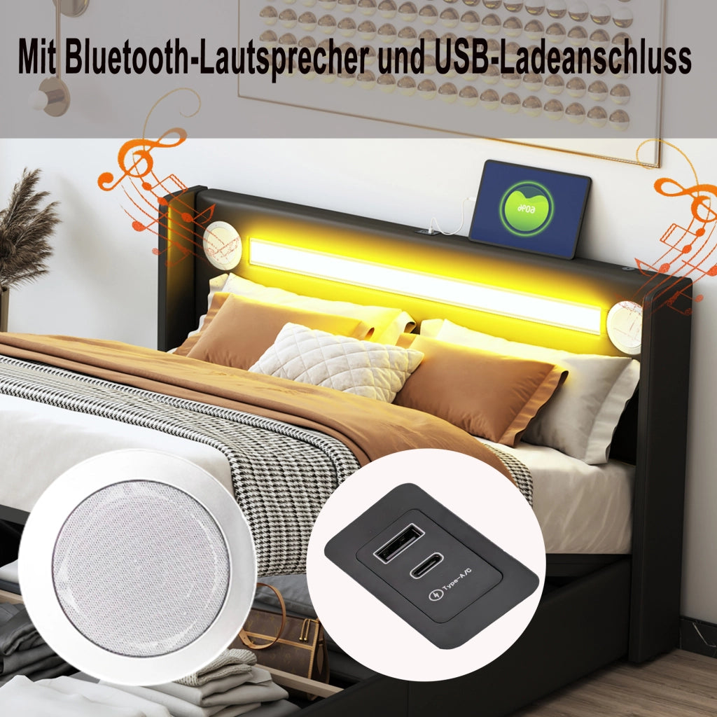 Letto imbottito nero con funzione LED bluetooth e ricarica USB in pelle sintetica 160x200 cm