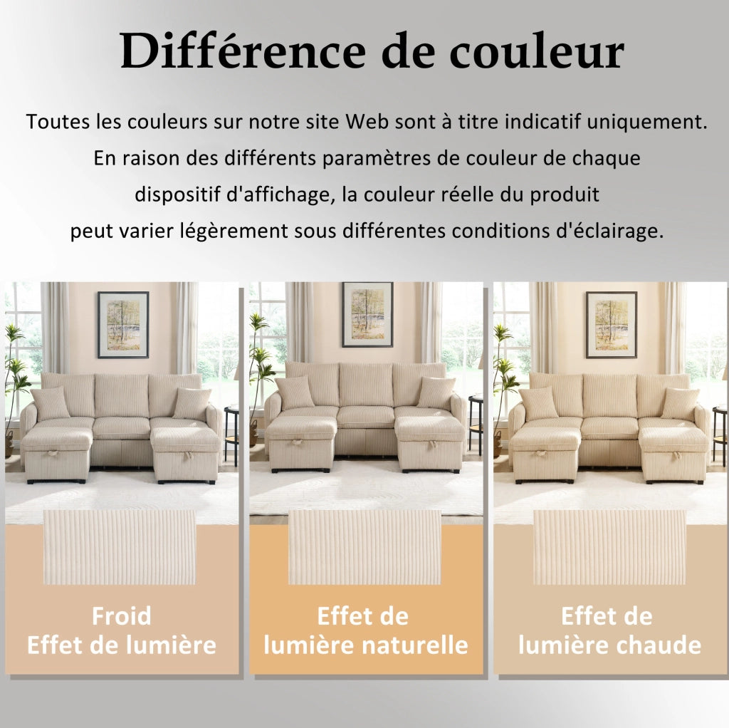 Divano 3 Posti Trasformabile con 2 Pouf Contenitore e 2 Cassetti; Velluto a Coste Beige