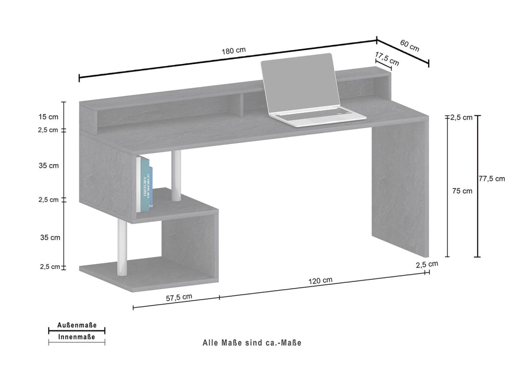 Scrivania a Giorno 180x60x92,5 cm Esse Report Grigio