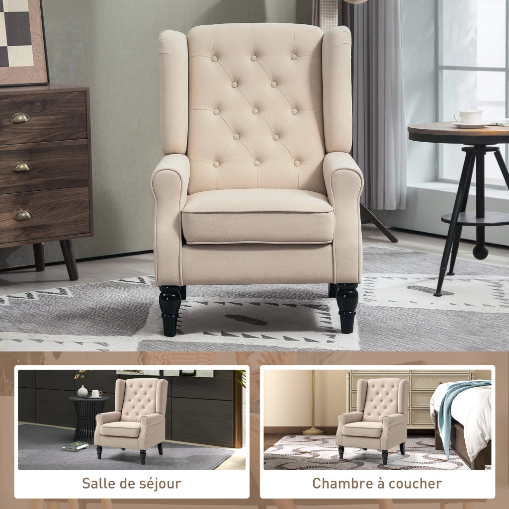 Poltrona capitonnata ¨C zephmum ¨C beige, tessuto, gambe in legno, 74x87x102 cm