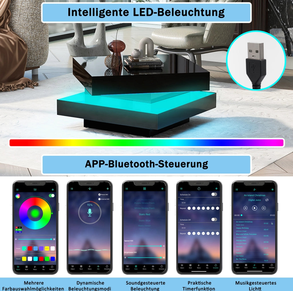 Tavolino da caffè quadrato con LED Bluetooth; 70x70x36 cm; truciolare nero