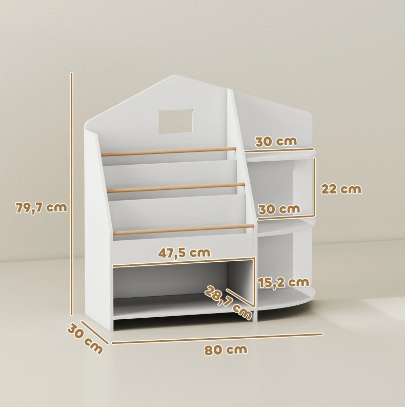 Libreria per bambini in legno bianca con 7 ripiani