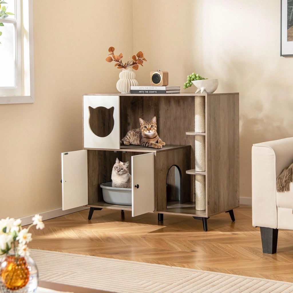 Mobile per Lettiera per Gatti, Cassetta per Gattini con 3 Pali in Sisal per Grattare, Comò per Gattini e 5 Gambe di Supporto in Metallo, Cuccia per Gatti da Interno, 100 x 51 x 91 cm