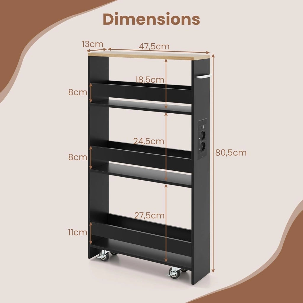 Scaffale per Nicchia da 20 cm di Larghezza, con Base di Ricarica, 4 Piani in Legno su Ruote, Scaffale Sottile per Cucina e Bagno, Carrello a Rotelle (Naturale+Nero, Largo 13 cm, con presa)