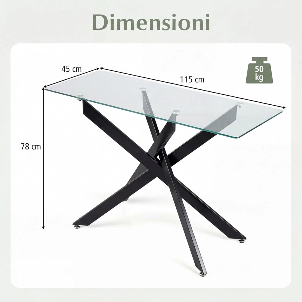 Consolle Ingresso in Vetro Temperato, Tavolo d'Ingresso con Gambe Incrociate in Metallo Placcato e Piedini Regolabili Antiscivolo, Tavolo per Corridoio, Entrata e Salotto (Nero)