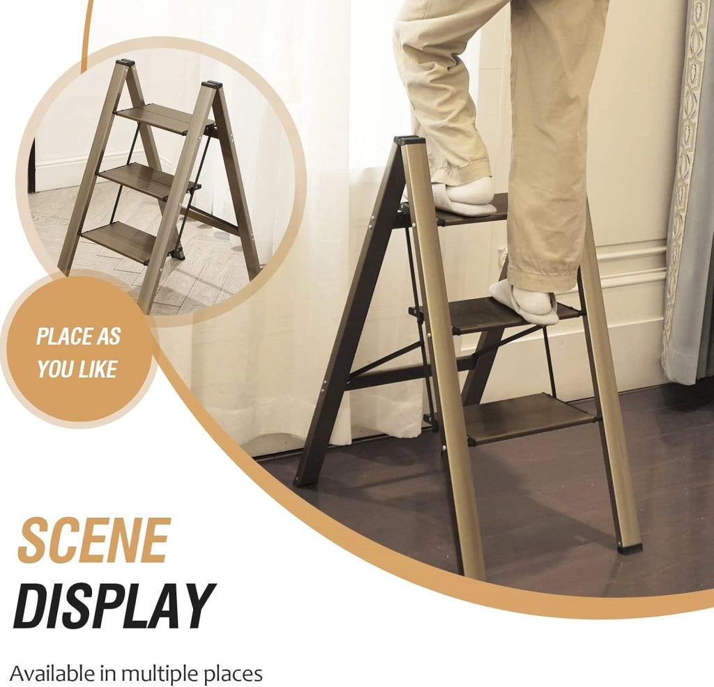 Scala pieghevole ULEVR a 3 gradini in alluminio, 65x45x82 cm, pedane antiscivolo, oro
