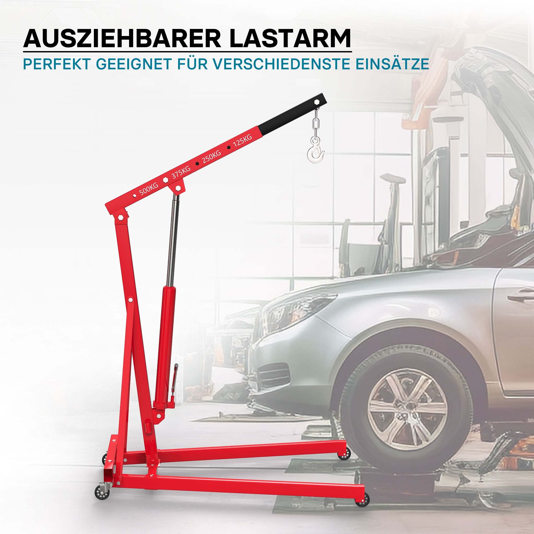 gruetta idraulica da officina per sollevamento motori, gru manuale pieghevole con braccio regolabile, carico max 500kg