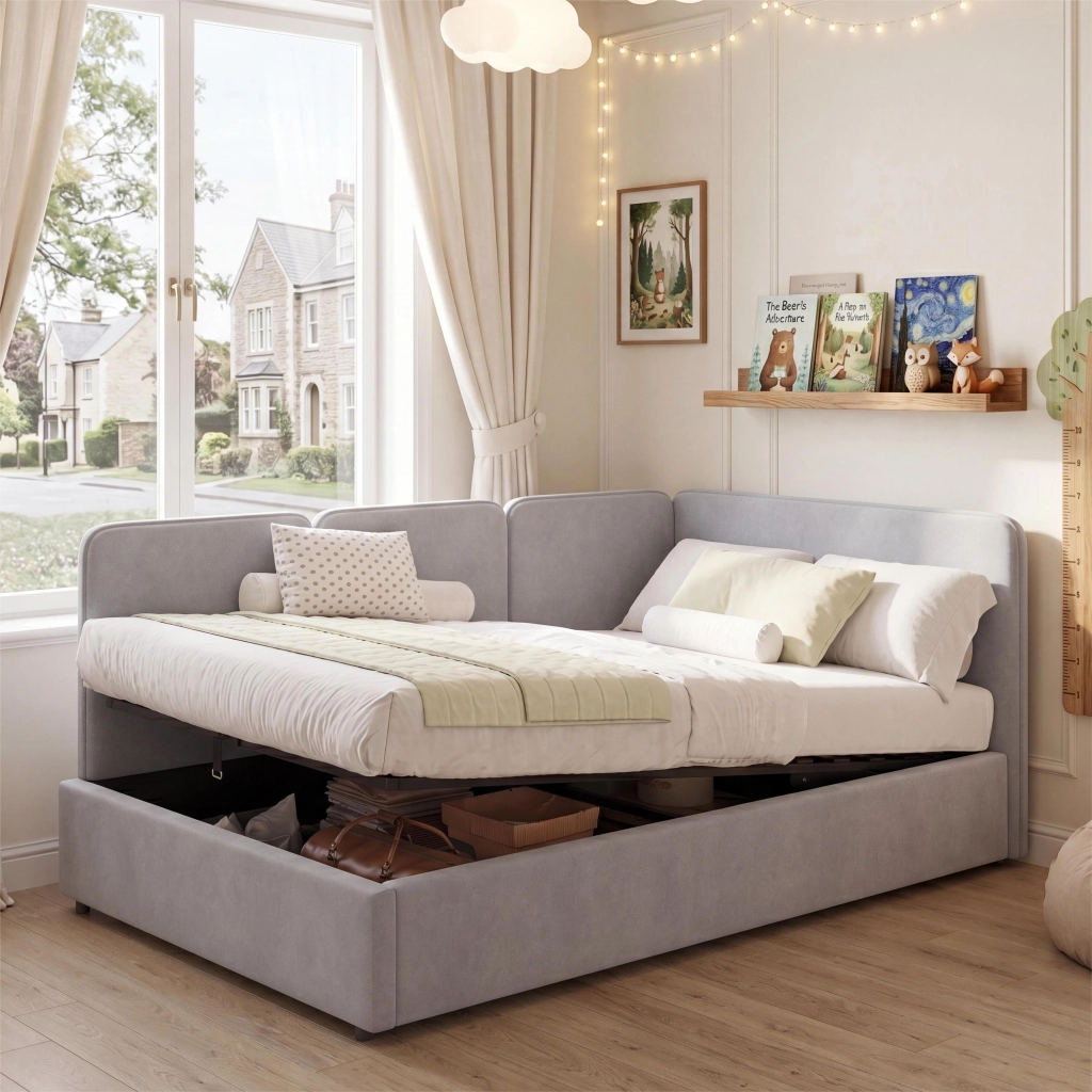 Letto divano 90 × 200 cm con contenitore idraulico, montaggio reversibile, senza materasso, en velluto grigio