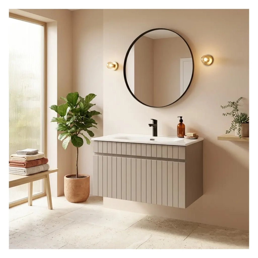 Set da bagno ICON: mobile sottolavabo 80cm cachemire + lavabo da incasso bianco