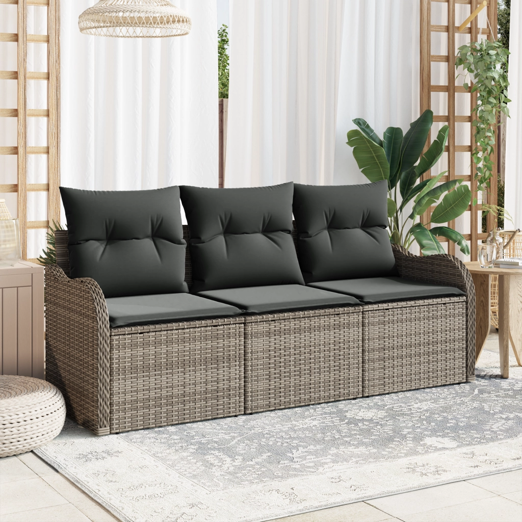 Set Divano da Giardino a 3 Pezzi con Cuscini Grigi in Rattan Polietilene