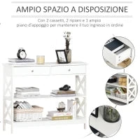 Tavolo Consolle con 2 Cassetti e 2 Mensole, Consolle Ingresso e Soggiorno in MDF, 100x30.5x80cm, Bianco