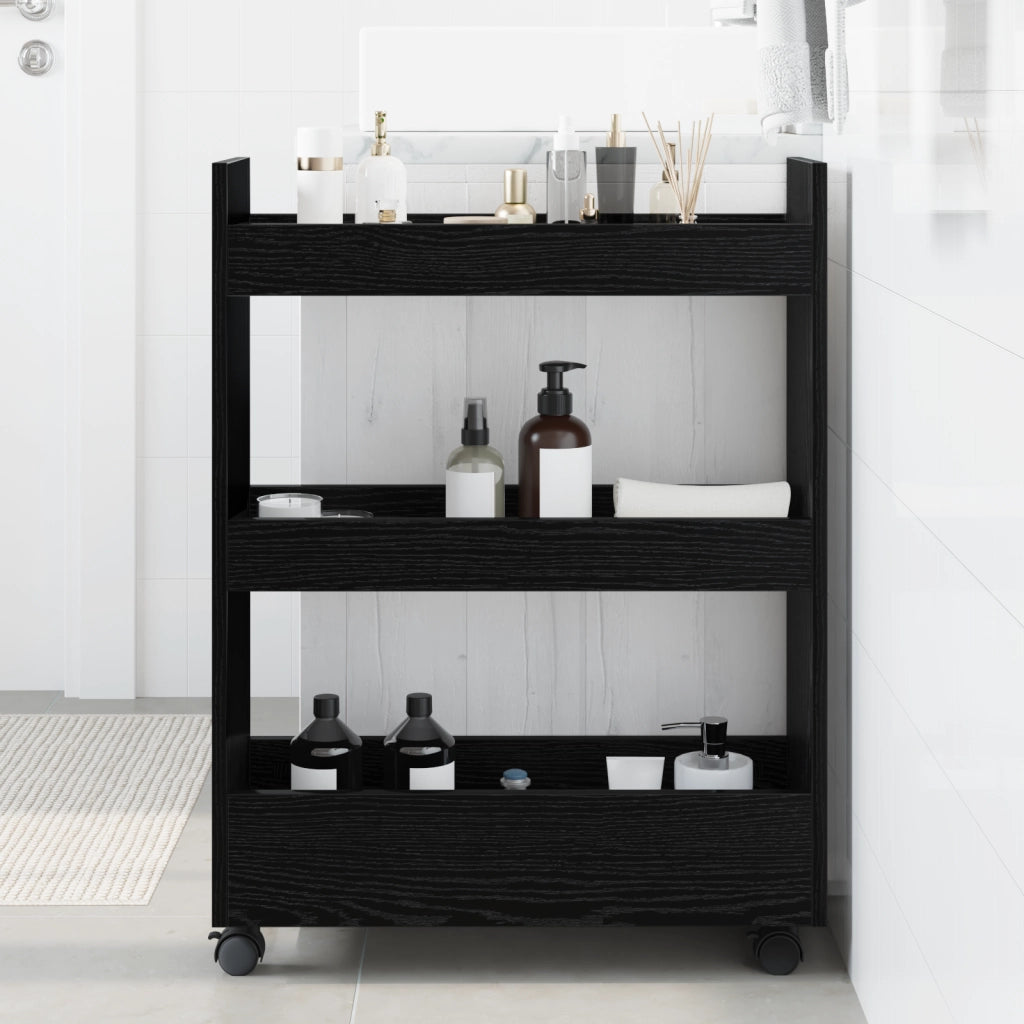 Carrello di Stoccaggio Stretto a 3 Ripiani in Rovere Nero Legno Ingegnerizzato
