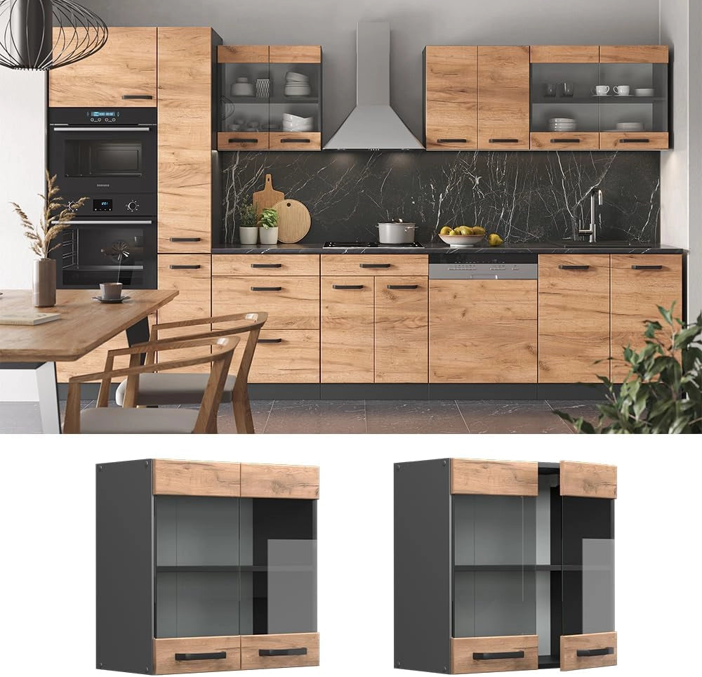 Mobile da cucina in vetro R-Line, Quercia dorata, 60 cm, per la libera combinazione all'interno di sistemi cucina modulari