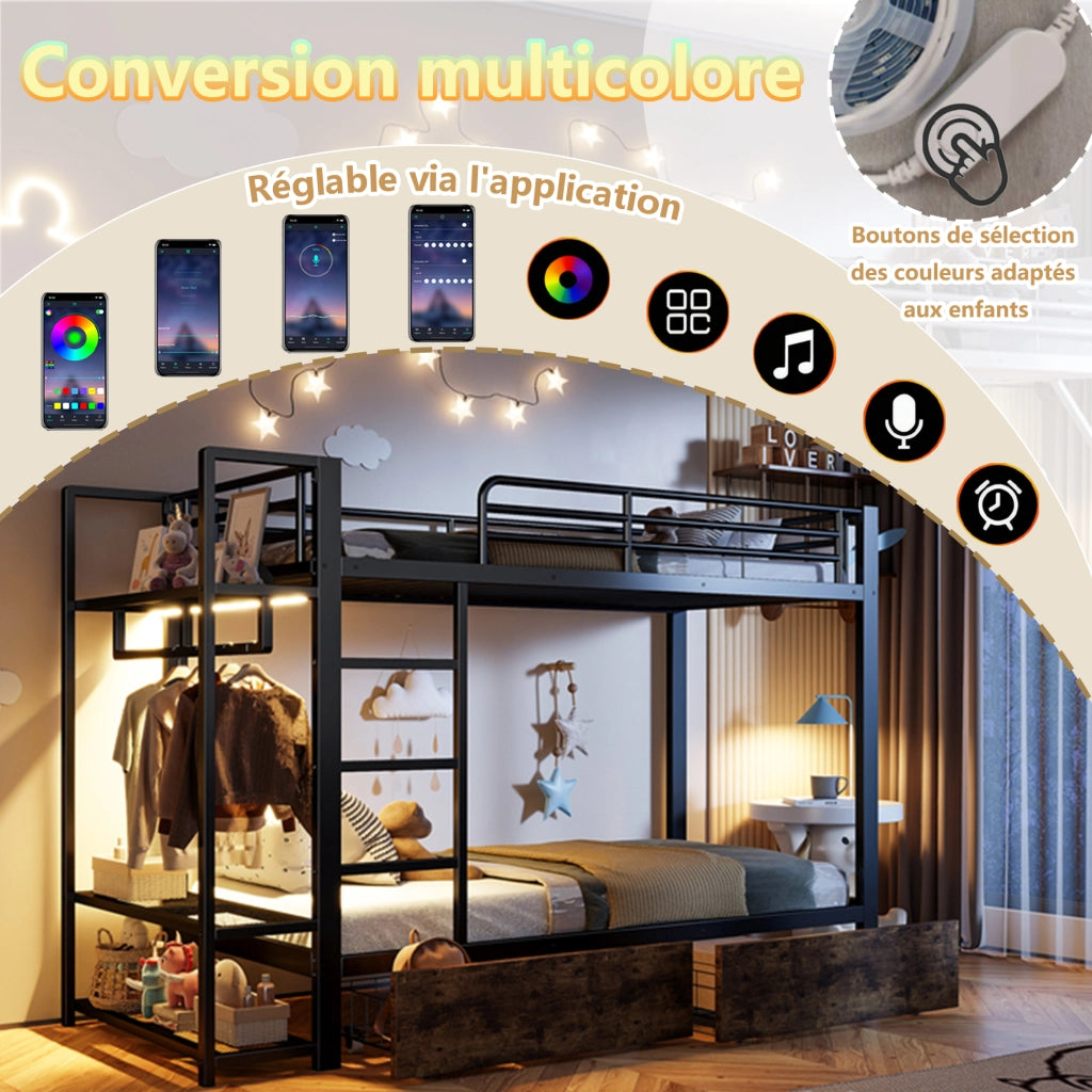 OKWISH Letto a Castello 90×200 cm, Letto Singolo con 2 Cassetti, Mensole e LED Regolabile, senza Materasso, in Metallo, Nero