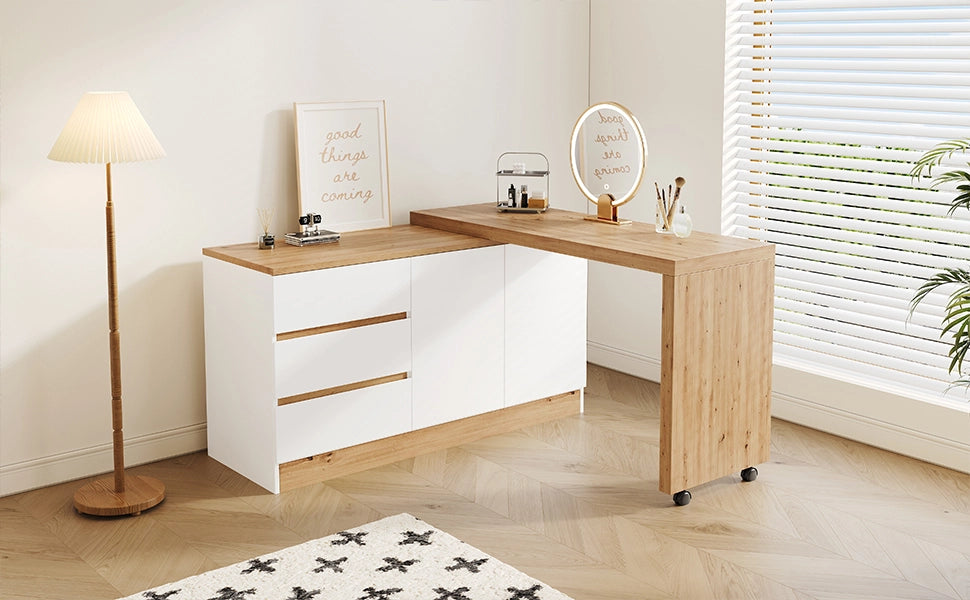 Scrivania pieghevole multifunzionale con 2 ante e 3 cassetti, girevole, per home office, bianco e rovere, 120 × 50 × 78 cm