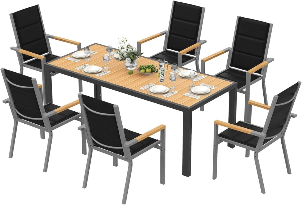 Set di Arredo da Giardino 8 Persone, Set di Tavolo 189 cm Design a Vena di Legno e 8 Sedie Impilabili da Esterno in Alluminio, Ideale per Cortile, Terrazza o Ai Margini della Piscina, Grigio