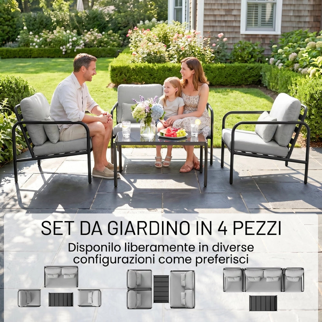 Set 4 Pezzi Salotto da Giardino con Divano 2 Posti 2 Poltrone e Tavolino in Acciaio Grigio Chiaro