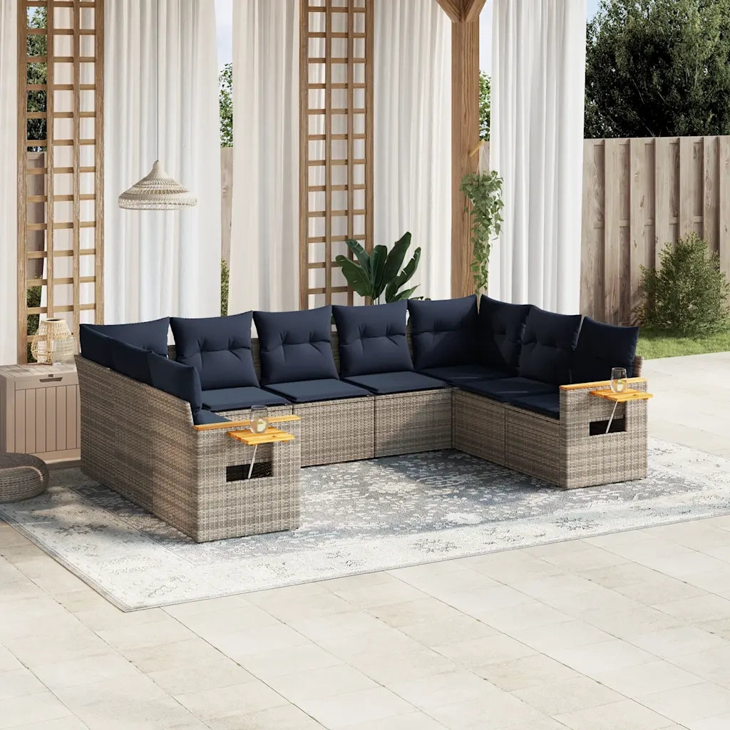 Set Divano da Giardino 9 pz con Cuscini Grigio in Polyrattan