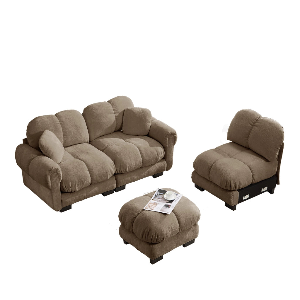 Divano angolare 3 posti - con pouf mobile e sedute trapuntate - in chenille - marrone