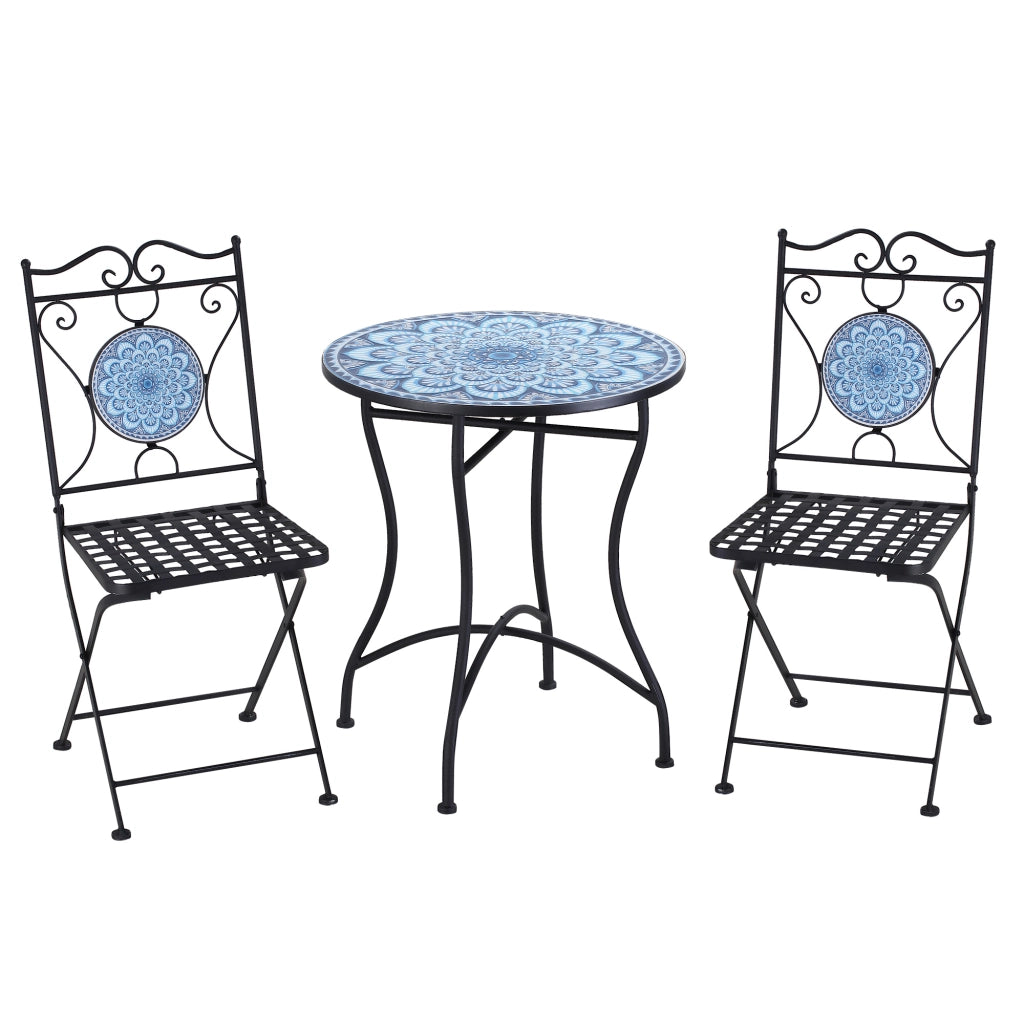 Set da Giardino con Tavolino e 2 Sedie Pieghevoli ¨C zephmum ¨C Blu, Mosaico, 3 Pezzi