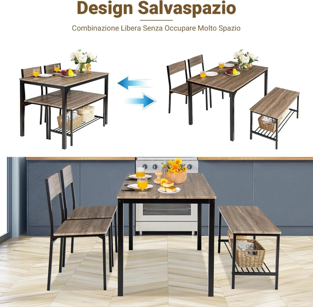 Set Tavolo e Sedie da Cucina 4 Pezzi, Tavolo da Pranzo con 2 Sedie e 1 Panca, Set Mobili da Cucina Salvaspazio con 4 Posti, per Sala da Pranzo e Soggiorno (Rovere grigio)