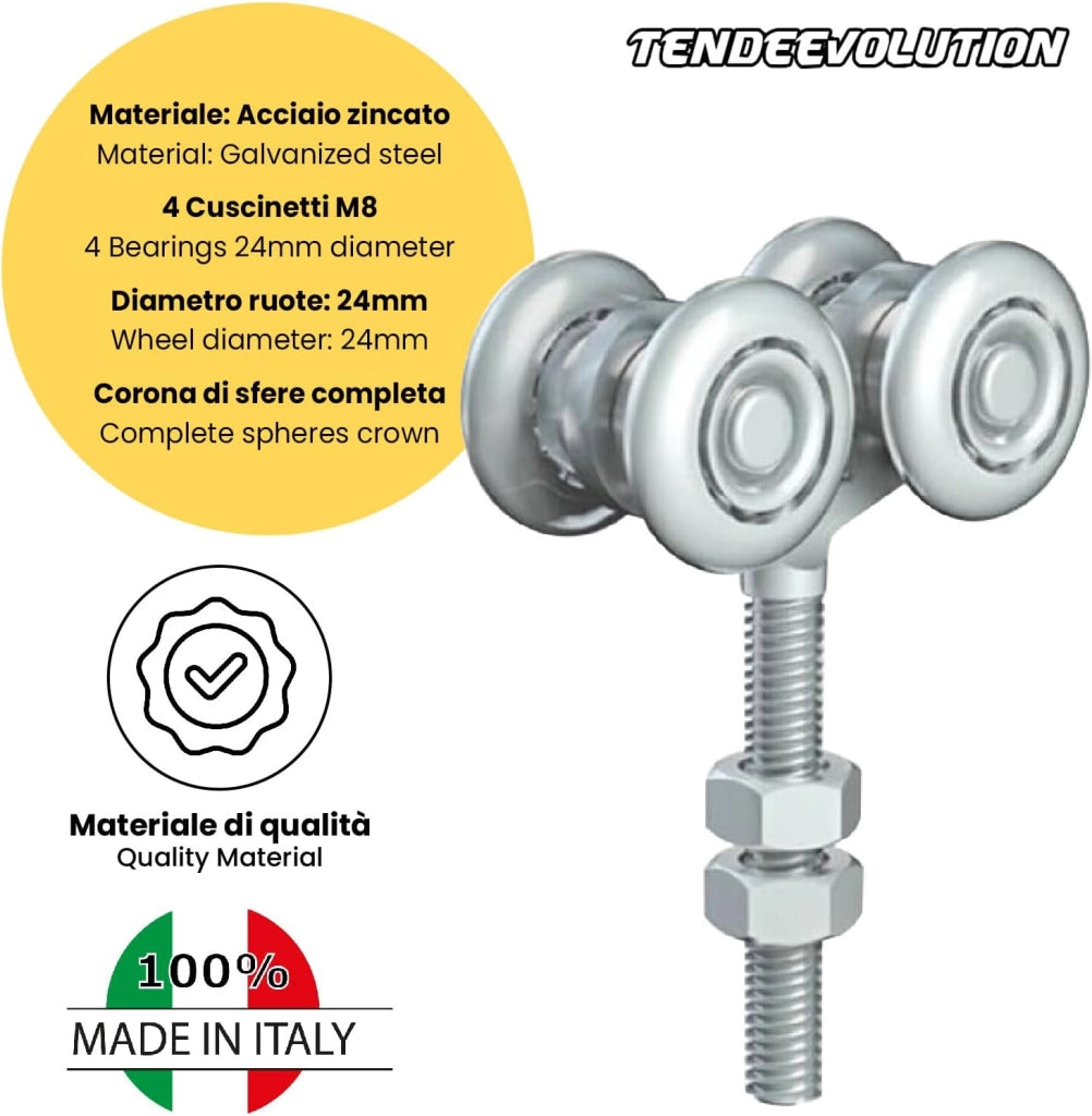 Carrello Regolabile a 4 Cuscinetti M8 in Acciaio Zincato per Binario Monorotaia MR3 - Ruote Ø24mm - Corona di Sfere Completa - Robusto & Affidabile