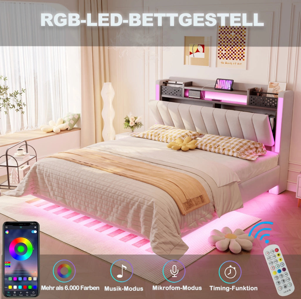 Letto imbottito 140x200 cm beige con LED, USB e contenitore