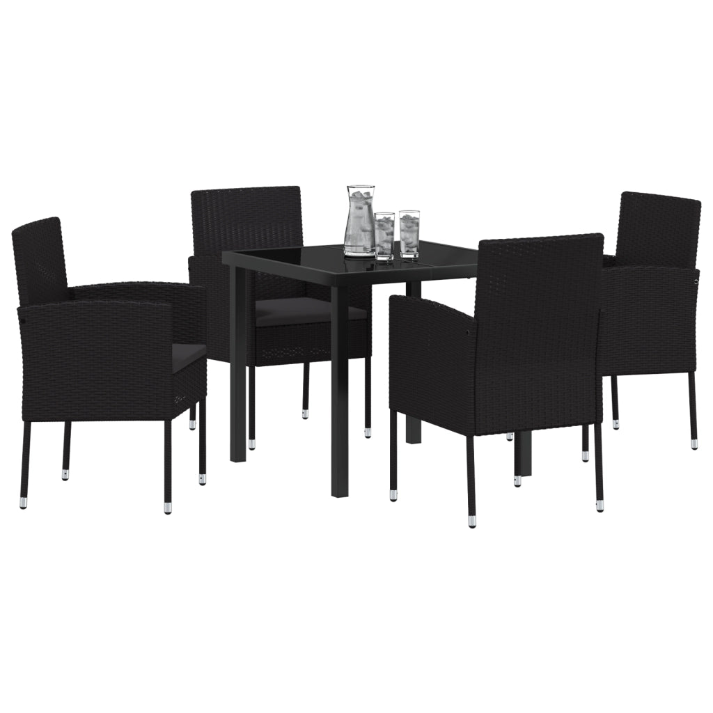 Set da Pranzo da Giardino 5 Pezzi con Cuscini Neri in Rattan Poligonale