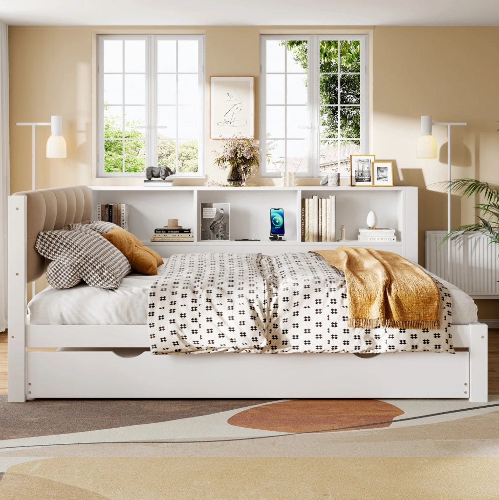 Letto estraibile 140x200 cm con LED; USB e ripiani in legno di pino e MDF bianco