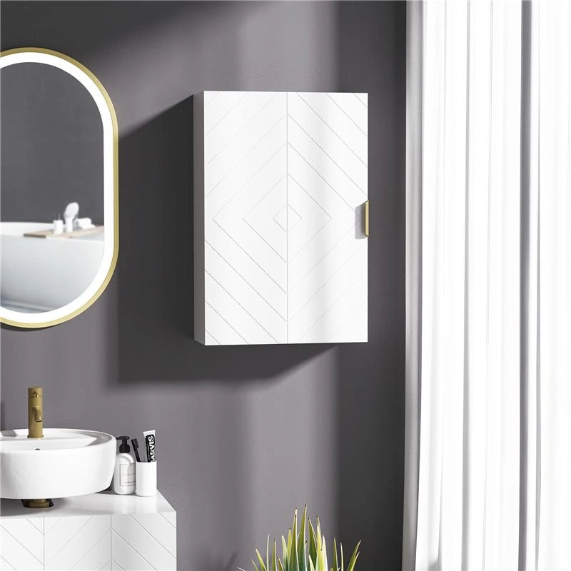 ARMADIETTO BAGNO A MURO CON ANTA DECORATA, MANIGLIA DORATA E RIPIANI REGOLABILI, 40X15X60 CM, BIANCO