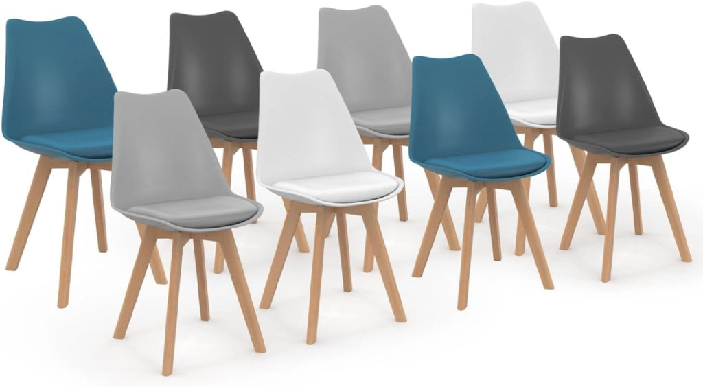 Set di 8 sedie scandinave SARA colore misto bianco x2, grigio chiaro x2, grigio scuro x2, blu anatra x2